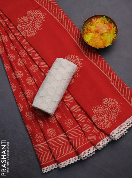 Semi pashmina silk saree red and cream with allover prints and crocia lace work border