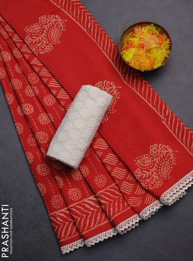 Semi pashmina silk saree red and cream with allover prints and crocia lace work border