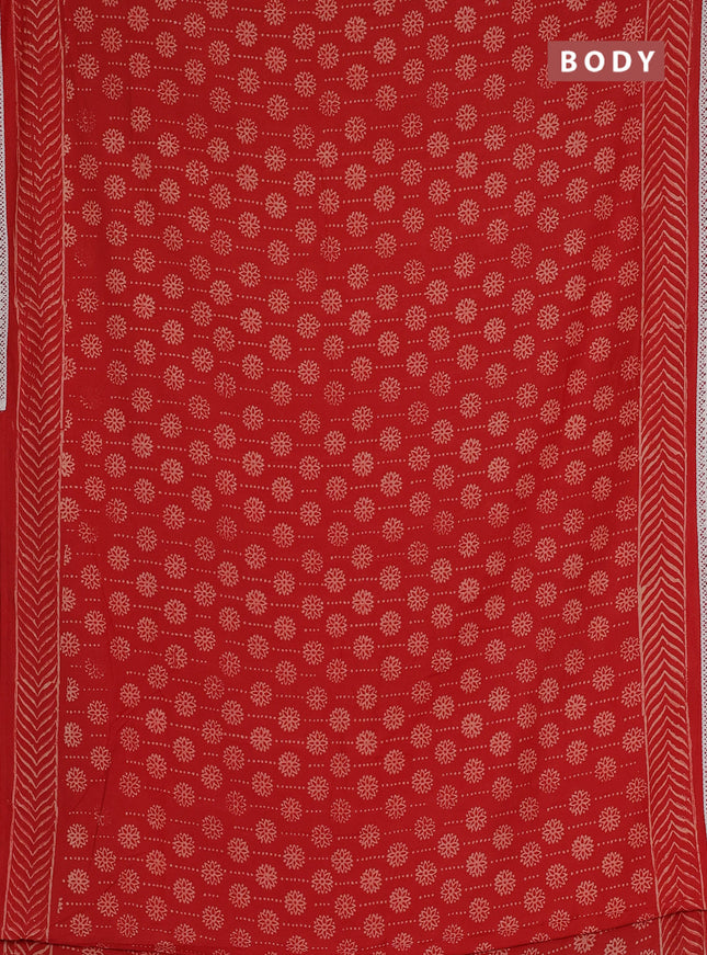 Semi pashmina silk saree red and cream with allover prints and crocia lace work border