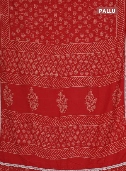 Semi pashmina silk saree red and cream with allover prints and crocia lace work border