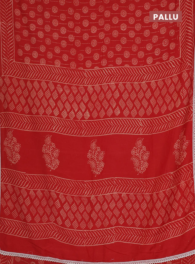 Semi pashmina silk saree red and cream with allover prints and crocia lace work border
