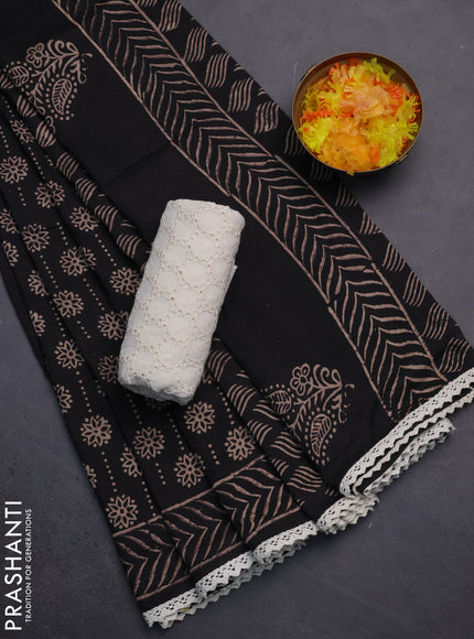 Semi pashmina silk saree black and cream with allover prints and crocia lace work border