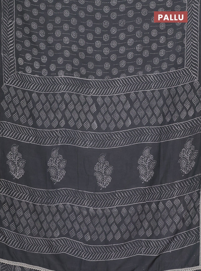 Semi pashmina silk saree grey and cream with allover prints and crocia lace work border