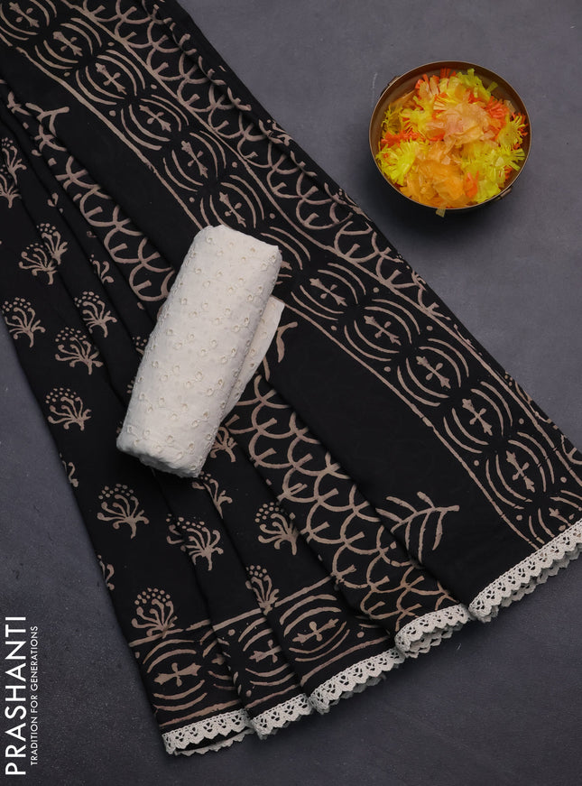 Semi pashmina silk saree black and cream with allover butta prints and crocia lace work border