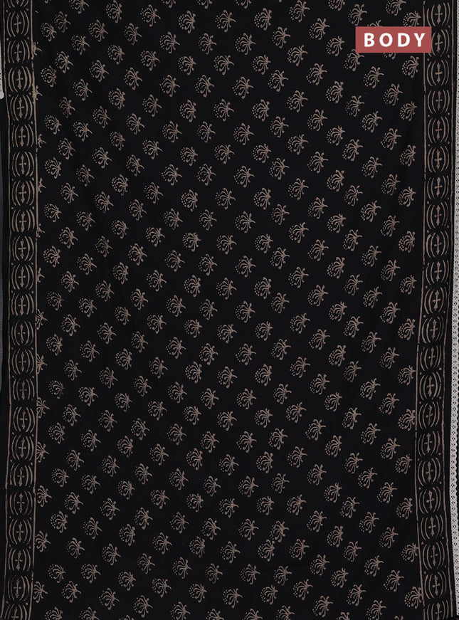 Semi pashmina silk saree black and cream with allover butta prints and crocia lace work border