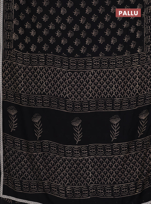 Semi pashmina silk saree black and cream with allover butta prints and crocia lace work border