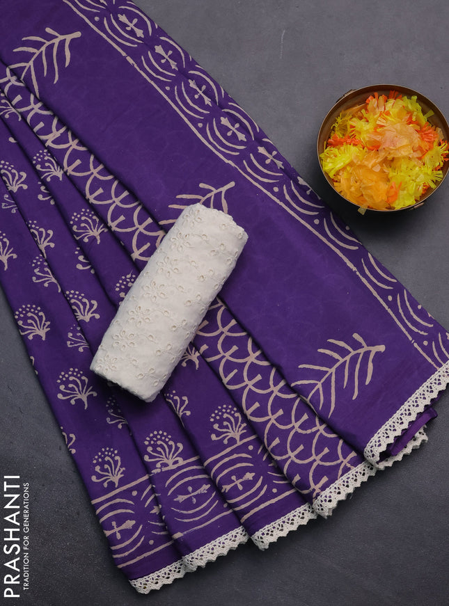 Semi pashmina silk saree violet and cream with allover butta prints and crocia lace work border