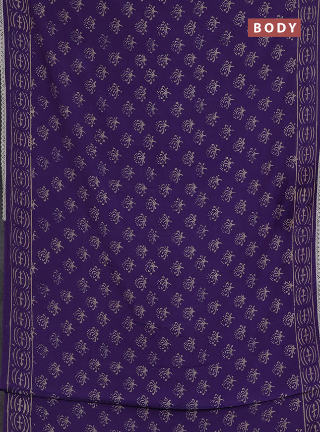 Semi pashmina silk saree violet and cream with allover butta prints and crocia lace work border