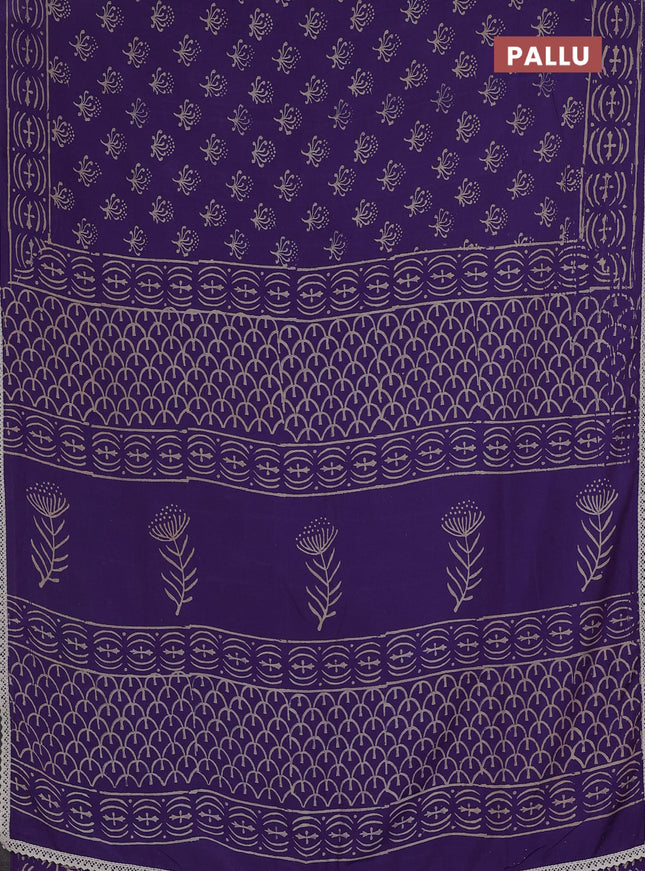 Semi pashmina silk saree violet and cream with allover butta prints and crocia lace work border
