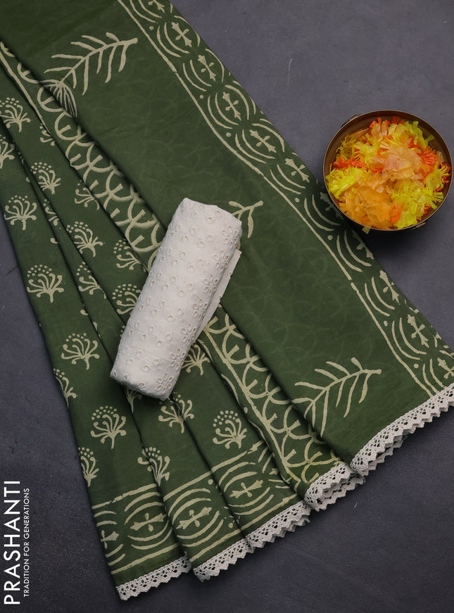 Semi pashmina silk saree green and cream with allover butta prints and crocia lace work border