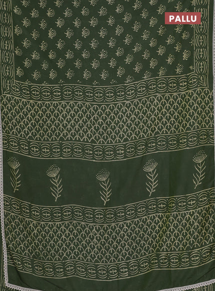 Semi pashmina silk saree green and cream with allover butta prints and crocia lace work border