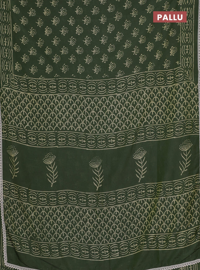 Semi pashmina silk saree green and cream with allover butta prints and crocia lace work border