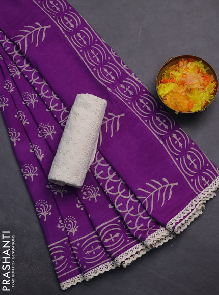 Semi pashmina silk saree purple and cream with allover butta prints and crocia lace work border