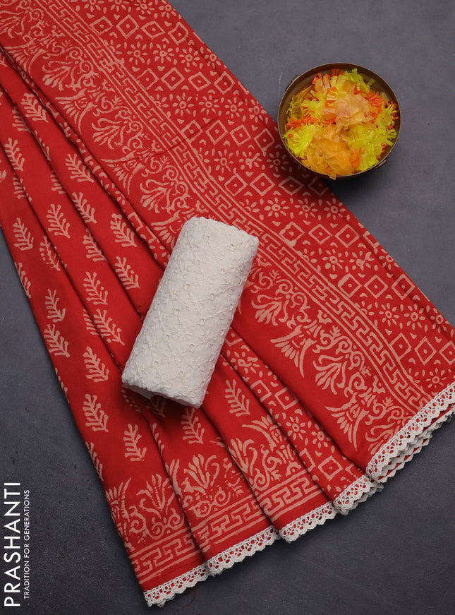 Semi pashmina silk saree red and cream with allover butta prints and crocia lace work border