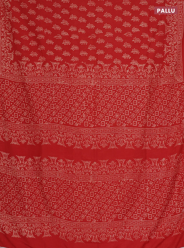 Semi pashmina silk saree red and cream with allover butta prints and crocia lace work border