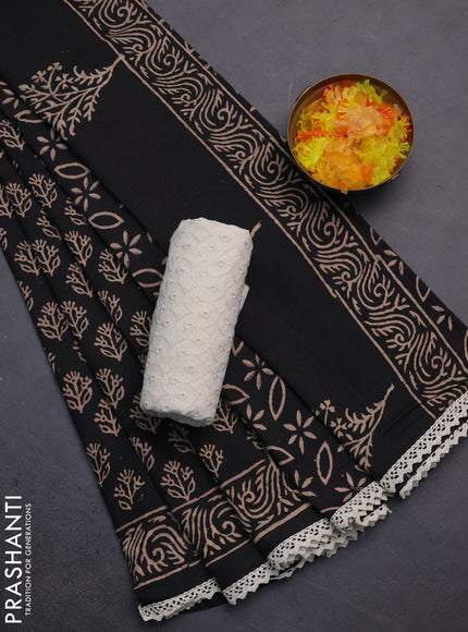 Semi pashmina silk saree black and cream with allover butta prints and crocia lace work border