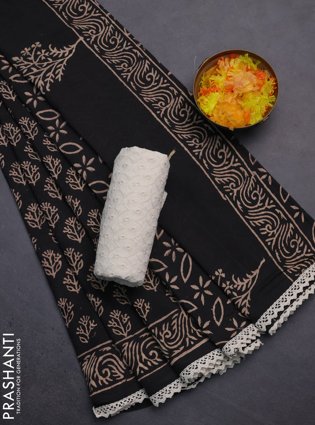 Semi pashmina silk saree black and cream with allover butta prints and crocia lace work border