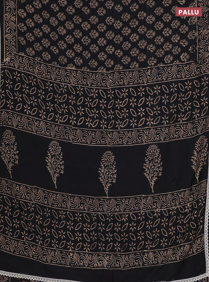 Semi pashmina silk saree black and cream with allover butta prints and crocia lace work border