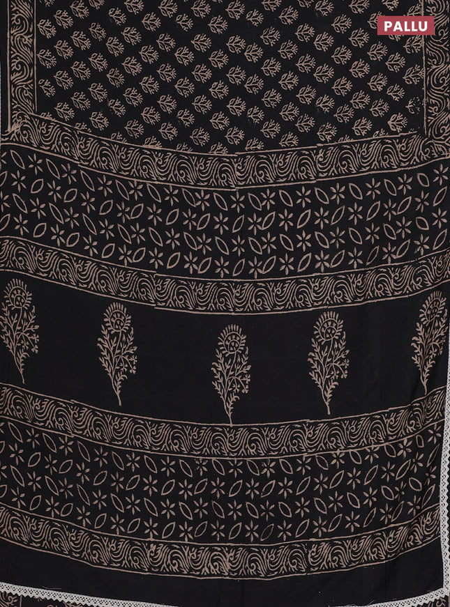 Semi pashmina silk saree black and cream with allover butta prints and crocia lace work border