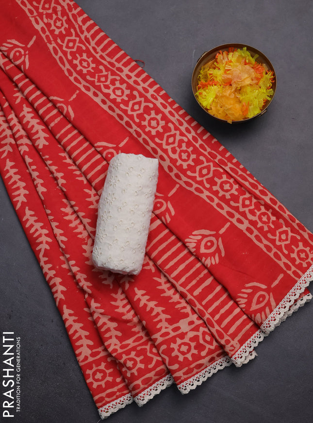 Semi pashmina silk saree red and cream with allover prints and crocia lace work border