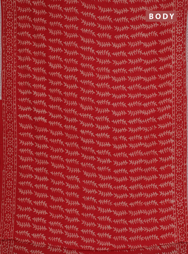 Semi pashmina silk saree red and cream with allover prints and crocia lace work border