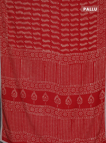 Semi pashmina silk saree red and cream with allover prints and crocia lace work border