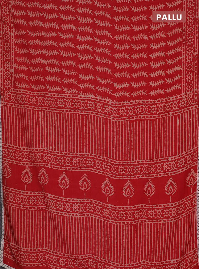 Semi pashmina silk saree red and cream with allover prints and crocia lace work border