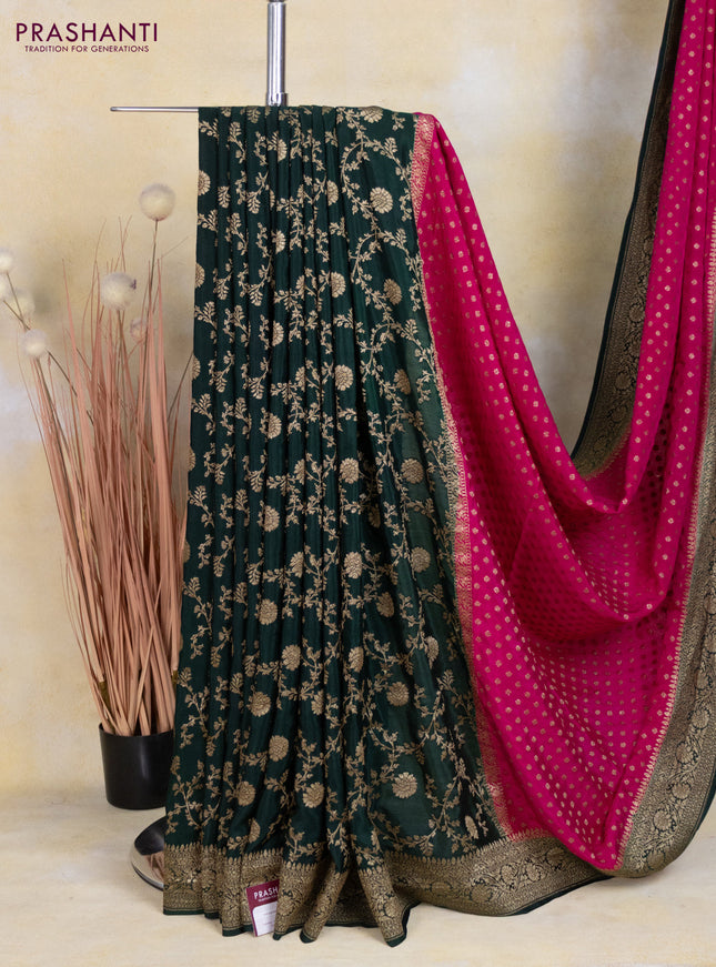 Banarasi crepe partly saree pink and dark green with allover thread & zari woven butta weaves and woven border