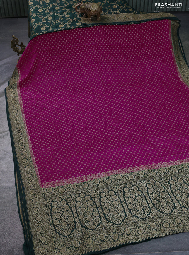 Banarasi crepe partly saree pink and dark green with allover thread & zari woven butta weaves and woven border