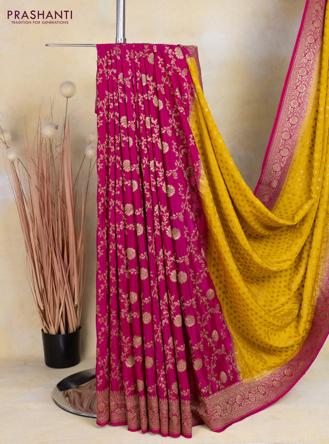 Banarasi crepe partly saree yellow and pink with allover thread & zari woven butta weaves and woven border