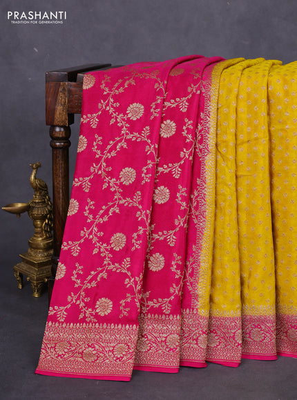 Banarasi crepe partly saree yellow and pink with allover thread & zari woven butta weaves and woven border