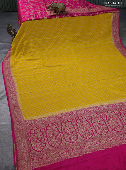 Banarasi crepe partly saree yellow and pink with allover thread & zari woven butta weaves and woven border