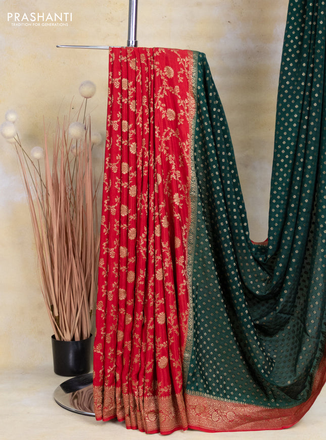 Banarasi crepe partly saree bottle green and red with allover thread & zari woven butta weaves and woven border