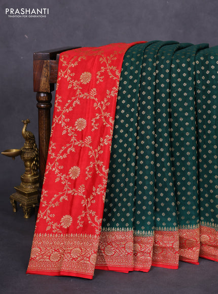 Banarasi crepe partly saree bottle green and red with allover thread & zari woven butta weaves and woven border