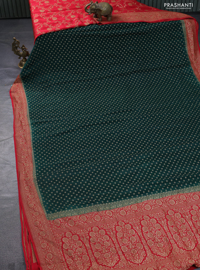Banarasi crepe partly saree bottle green and red with allover thread & zari woven butta weaves and woven border