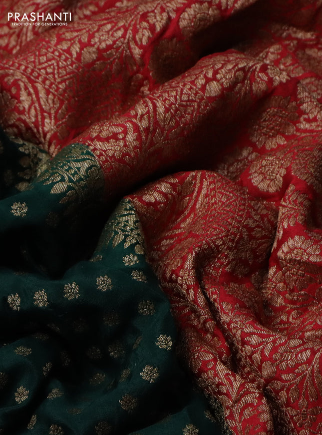 Banarasi crepe partly saree bottle green and red with allover thread & zari woven butta weaves and woven border