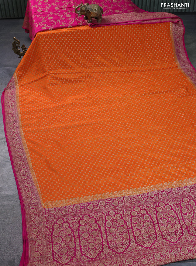 Banarasi crepe partly saree orange and pink with allover thread & zari woven butta weaves and woven border