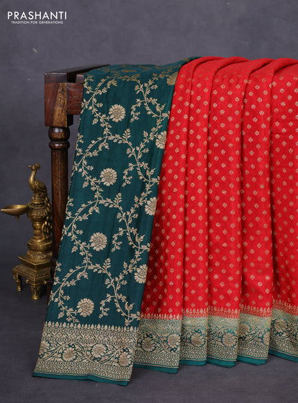Banarasi crepe partly saree red and dark green with allover thread & zari woven butta weaves and woven border