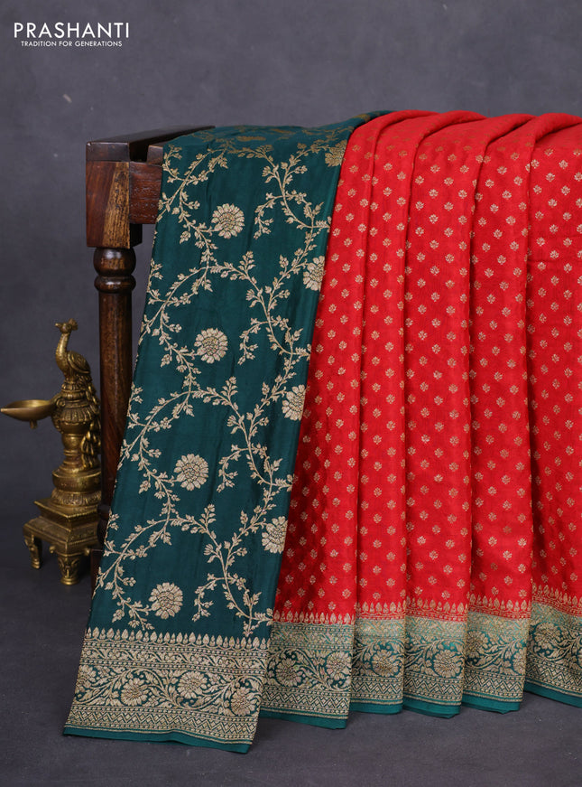 Banarasi crepe partly saree red and dark green with allover thread & zari woven butta weaves and woven border