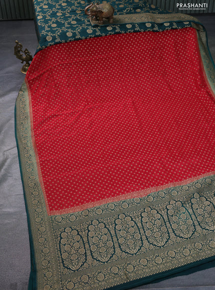 Banarasi crepe partly saree red and dark green with allover thread & zari woven butta weaves and woven border