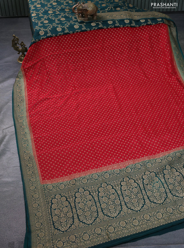 Banarasi crepe partly saree red and dark green with allover thread & zari woven butta weaves and woven border