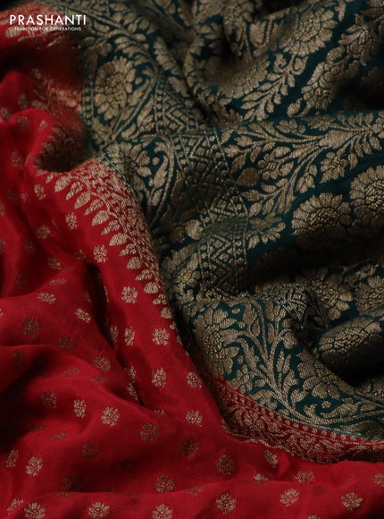 Banarasi crepe partly saree red and dark green with allover thread & zari woven butta weaves and woven border