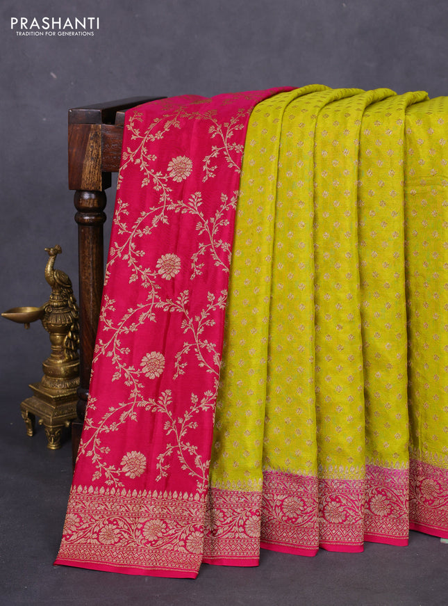Banarasi crepe partly saree lime yellow and pink with allover thread & zari woven butta weaves and woven border