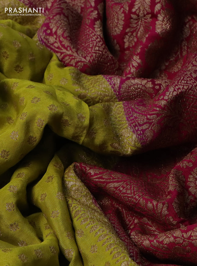 Banarasi crepe partly saree lime yellow and pink with allover thread & zari woven butta weaves and woven border