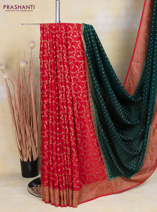 Banarasi crepe partly saree bottle green and red with allover thread & zari woven butta weaves and woven border