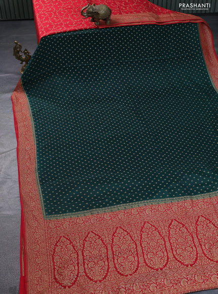 Banarasi crepe partly saree bottle green and red with allover thread & zari woven butta weaves and woven border