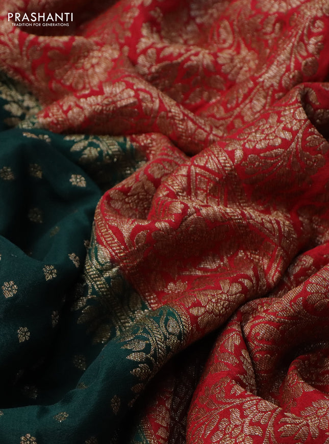 Banarasi crepe partly saree bottle green and red with allover thread & zari woven butta weaves and woven border