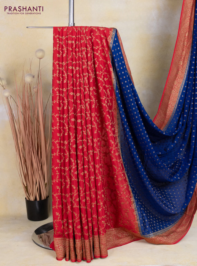 Banarasi crepe partly saree blue and red with allover thread & zari woven butta weaves and woven border