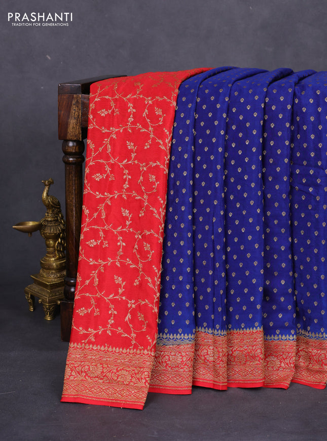 Banarasi crepe partly saree blue and red with allover thread & zari woven butta weaves and woven border