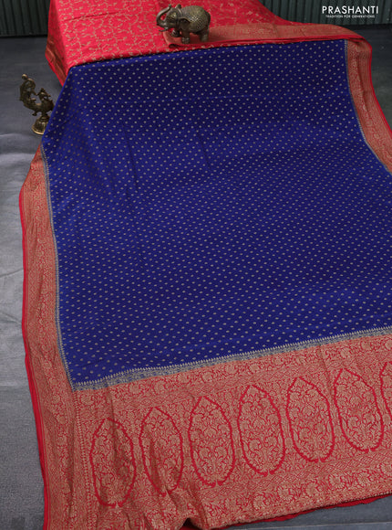 Banarasi crepe partly saree blue and red with allover thread & zari woven butta weaves and woven border